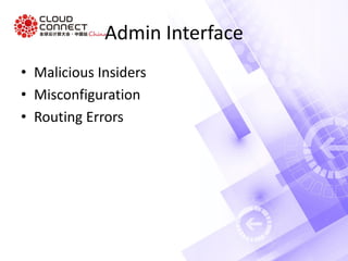 Admin Interface
• Malicious Insiders
• Misconfiguration
• Routing Errors
 