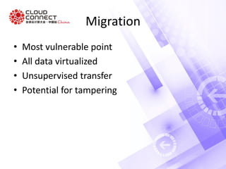 Migration
• Most vulnerable point
• All data virtualized
• Unsupervised transfer
• Potential for tampering
 