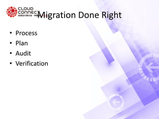 Migration Done Right
• Process
• Plan
• Audit
• Verification
 