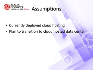 Assumptions
• Currently deployed cloud hosting
• Plan to transition to cloud hosted data center
 