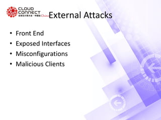 External Attacks
• Front End
• Exposed Interfaces
• Misconfigurations
• Malicious Clients
 
