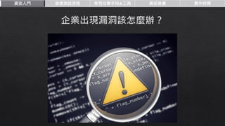 資安入門 滲透測試流程 常見攻擊手段&工具 資安推廣 實作時間
 