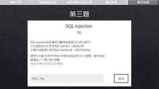 資安入門 滲透測試流程 常見攻擊手段&工具 資安推廣 實作時間
 