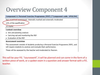 Overview Component 4
This will be your P.E. “coursework”, it will be planned and can come in the form of a
written piece of work, or a spoken exam in a question and answer format with a P.E.
teacher.
 