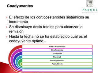  El efecto de los corticoesteroides sistémicos se
incrementa
 Se disminuye dosis totales para alcanzar la
remisión
 Hasta la fecha no se ha establecido cuál es el
coadyuvante óptimo.30
Mofetil micofenolato
Ciclofosfamida
Azatioprina
Rituximab
Inmunoglobulinas
Plasmaféresis
 