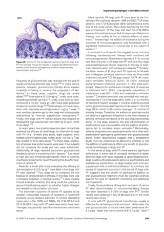 Superﬁcial pemphigus in domestic animals


                                                                           More recently, 43 dogs with PF were seen at the Uni-
                                                                        versity of Pennsylvania between 1994 and 2000.73 Of these
                                                                        patients, only 17 of 43 subjects (40%) were still alive at the
                                                                        end of the study period. Most dogs died during the ﬁrst
                                                                        year of treatment. Of the dogs that died, 18 of 26 (69%)
                                                                        were euthanized because of lack of response of lesions to
                                                                        therapy, poor quality of life or adverse effects of treat-
                                                                        ment.73 Interestingly, the addition of antibiotics during the
                                                                        induction of immunosuppression was associated with a
                                                                        signiﬁcant improvement in survival rate in this cohort of
                                                                        patients.73
                                                                           In contrast to such results that suggest a poor outcome
                                                                        following ‘standard-of-care’ therapy with combined oral
                                                                        immunosuppression, Rosenkrantz reported a 71% survival
Figure 20. Canine PF. The intradermal injection of IgG from dogs with   rate after one year in 31 dogs with PF with only four dogs
PF into neonatal mouse skin results in subgranular blister formation,   euthanized because of poor response to therapy or treat-
thereby conﬁrming the pathogenicity of serum autoantibodies             ment discontinuation with subsequent relapses.69 Similarly,
(haematoxylin and eosin).68
                                                                        the latest series of 91 dogs with PF reported by Mueller
                                                                        and colleagues provided additional data on favourable
                                                                        treatment outcome.7 Of 88 dogs treated for PF, 46 under-
frequency of glucocorticoids was reduced with the goal of               went complete remission (52%), 31 (35%) achieved
rapidly achieving alternate day intake.5,69 In many canine              partial remission of lesions, and only 11 (13%) were euth-
patients, however, glucocorticoid therapy alone appears                 anized.7 Reasons for euthanasia included lack of response
incapable in halting or slowing the progression of skin                 to treatment (4/11; 36%), unacceptable side-effects of
lesions.5 In these cases, cytotoxic drugs are usually                   medications used (2/11; 18%) and unrelated or unknown
added.5,6,69 Azathioprine (2–2.5 mg kg−1, orally, once daily),          causes.7 Complete remission was achieved with oral glu-
cyclophosphamide (25 mg m−2, orally, once daily) or chlo-               cocorticoids in 15 of 39 dogs (38%) within 1.5–12 months
rambucil (0.2 mg kg−1 every 24 – 48 h) have been proposed               of treatment initiation (average: 7 months), and this occurred
as adjunct cytotoxic drugs.5,6,69 Alternatively, immune modu-           with a glucocorticoid–azathioprine combination in 18 of 33
lation with injectable aurothioglucose (1 mg kg−1 week−1)               dogs (55%) within 2–29 months (average: 12 months) of
was used two decades ago to treat dogs with unacceptable                starting therapy. Therefore, the addition of azathioprine did
side-effects of immune suppressive medications.5,6                      not lead to a signiﬁcant difference in the time needed to
Finally, rare dogs with PF exhibit lesions that respond to              achieve remission compared to the use of glucocorticoids
tetracycline and niacinamide (250–500 mg of each, three                 alone.7 In ﬁve dogs, however, the sole administration of
times daily).7,70                                                       prednisolone was unsuccessful, and the addition of azathi-
   In recent years, two small prospective open clinical trials          oprine led to complete lesion remission.7 Remarkably,
explored the efﬁcacy of novel drugs for treatment of dogs               adverse drug events occurred signiﬁcantly more often with
with PF. In a 16-week pilot study, eight subjects were                  prednisolone–azathioprine combination than glucocorticoids
treated with mycophenolate mofetil at 20 – 40 mg kg−1 per               alone. These observations suggest that a prospective
day, divided in three daily doses.71 In three dogs, a reduc-            study must be undertaken to determine whether or not
tion of lesional area and /or severity were seen. Four subjects         the addition of azathioprine offers any beneﬁt to glucocor-
did not complete the study and two were euthanized.                     ticoid monotherapy in dogs with PF.
Additionally, all dogs required concurrent glucocorticoid                  In this series of dogs with PF, there were no signiﬁcant
therapy to control the severity of skin lesions.71 As a result          differences in either rate of complete remission or death
of high cost and limited proven beneﬁt, there is currently              between dogs with facial localized vs. generalized lesions,
insufﬁcient evidence for recommending this drug for treat-              dogs treated with prednisolone alone vs. prednisolone and
ment of canine PF.                                                      azathioprine combination, or dogs treated with immuno-
   Recently, a small pilot study evaluating the efﬁcacy of              suppression with or without antibiotics.7 In summary, the
oral cyclosporin (5 –10 mg kg−1 once daily) in ﬁve dogs with            review of treatment outcome in this cohort of dogs with
PF was reported.72 Four dogs did not complete the trial                 PF suggests that the beneﬁt of azathioprine addition to
because of perceived lack of efﬁcacy. In one dog, there was             oral glucocorticoid regimens must be weighed carefully
a transient reduction in lesional scores.72 Future studies              against the cost of treatment monitoring and additional
should evaluate whether this drug could be used as a                    risk to patients.
glucocorticoid-sparing agent, or whether higher dosages                    Finally, the persistence of long-term remission of canine
are needed to induce lesion remission.                                  PF after discontinuation of immunomodulating therapy
   The treatment outcome of canine PF appears to be                     has been reported in 7–22% of dogs with PF.31 Similar
variable, presumably because of variations in treatment                 results were obtained in two of 88 dogs (2%) in the most
protocols and /or disease subtypes. In articles describing              recent case series. 7
cases seen in the 1970s and 1980s, 18 of 34 (53%)5 and                     In cats with PF, glucocorticoid monotherapy usually is
23 of 26 (88%) dogs with PF6 were reported to have been                 effective for achieving clinical remission. Historically, the
‘managed successfully’ with the interventions mentioned                 oral glucocorticoids of choice have been prednisone (4–
above.                                                                  5 mg kg−1 daily) and triamcinolone (0.6–2 mg kg−1 daily).9


© 2006 The Author. Journal compilation © 2006 European Society of Veterinary Dermatology.                                         299
 