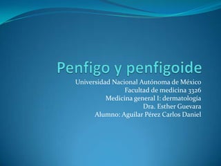 Universidad Nacional Autónoma de México
                Facultad de medicina 3326
          Medicina general I: dermatología
                      Dra. Esther Guevara
      Alumno: Aguilar Pérez Carlos Daniel
 