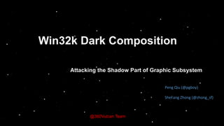 Win32k Dark Composition
Attacking the Shadow Part of Graphic Subsystem
@360Vulcan Team
Peng	Qiu	(@pgboy)	
SheFang	Zhong	(@zhong_sf)	
 