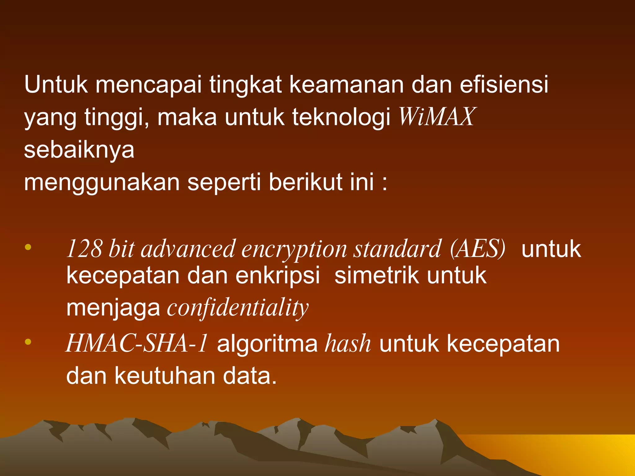 Untuk mencapai tingkat keamanan dan efisiensi yang tinggi, maka untuk teknologi  WiMAX   sebaiknya  menggunakan seperti berikut ini : 128 bit advanced encryption standard (AES)   untuk kecepatan dan enkripsi  simetrik untuk menjaga  confidentiality   HMAC-SHA-1  algoritma  hash  untuk kecepatan dan keutuhan data.   