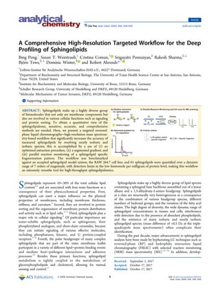 A Comprehensive High-Resolution Targeted Workﬂow for the Deep
Proﬁling of Sphingolipids
Bing Peng,†
Susan T. Weintraub,‡
Cristina Coman,†
Srigayatri Ponnaiyan,§
Rakesh Sharma,∥,⊥
Björn Tews,∥,⊥
Dominic Winter,§
and Robert Ahrends*,†
†
Leibniz-Institut für Analytische Wissenschaften-ISAS-e.V., 44227 Dortmund, Germany
‡
Department of Biochemistry and Structural Biology, The University of Texas Health Science Center at San Antonio, San Antonio,
Texas 78229, United States
§
Institute for Biochemistry and Molecular Biology, University of Bonn, 53113 Bonn, Germany
∥
Schaller Research Group, University of Heidelberg and DKFZ, 69120 Heidelberg, Germany
⊥
Molecular Mechanisms of Tumor Invasion, DKFZ, 69120 Heidelberg, Germany
*
S Supporting Information
ABSTRACT: Sphingolipids make up a highly diverse group
of biomolecules that not only are membrane components but
also are involved in various cellular functions such as signaling
and protein sorting. To obtain a quantitative view of the
sphingolipidome, sensitive, accurate, and comprehensive
methods are needed. Here, we present a targeted reversed-
phase liquid chromatography−high-resolution mass spectrom-
etry-based workﬂow that signiﬁcantly increases the accuracy of
measured sphingolipids by resolving nearly isobaric and
isobaric species; this is accomplished by a use of (i) an
optimized extraction procedure, (ii) a segmented gradient, and
(iii) parallel reaction monitoring of a sphingolipid speciﬁc
fragmentation pattern. The workﬂow was benchmarked
against an accepted sphingolipid model system, the RAW 264.7 cell line, and 61 sphingolipids were quantiﬁed over a dynamic
range of 7 orders of magnitude, with detection limits in the low femtomole per milligram of protein level, making this workﬂow
an extremely versatile tool for high-throughput sphingolipidomics.
Sphingolipids represent 10−30% of the total cellular lipid
content1,2
and are associated with four main functions as a
consequence of their physicochemical properties. First,
sphingolipids can exert a major inﬂuence on the physical
properties of membranes, including membrane thickness,
stiﬀness, and curvature.3
Second, they are involved in protein
sorting and the organization of membrane protein distribution
and activity such as in lipid rafts.3−5
Third, sphingolipids play a
major role in cellular signaling.6
Of particular importance are
water-soluble sphingolipids, such as sphingosine, their
phosphorylated analogues, and short-chain ceramides, because
they can initiate signaling of various eﬀector molecules,
including phosphatases, kinases, and G protein-coupled
receptors.7−9
Fourth, the polar headgroups of many complex
sphingolipids that are part of the outer membrane leaﬂet
participate in a variety of diﬀerent lipid−protein binding events
and mediate host−pathogen interactions and adhesion
processes.10
Besides these primary functions, sphingolipid
metabolism is tightly coupled to the metabolism of
glycerophospholipids and cholesterol, allowing for mutual
sensing and control.11
Sphingolipids make up a highly diverse group of lipid species
containing a sphingoid base backbone assembled out of a linear
alkane and a 1,3-dihydroxy-2-amino headgroup. Sphingolipids
as a class are structurally very heterogeneous as a consequence
of the combination of various headgroup species, diﬀerent
numbers of hydroxyl groups, and the variation of the fatty acyl
chains. The high degree of diversity, the wide dynamic range of
sphingolipid concentrations in tissues and cells, interference
with detection due to the presence of abundant phospholipids,
and the existence of many isobaric and nearly isobaric
sphingolipid species (mass diﬀerence of <0.5 Da at the triple-
quadrupole mass spectrometer) often complicate their
identiﬁcation.
During the past decade, major advancements in sphingolipid
analysis have been made by hyphenating LC techniques such as
reversed-phase (RP) and hydrophilic interaction liquid
chromatography (HILIC) with selected reaction monitoring
(SRM) mass spectrometry (MS).12−14
In addition, develop-
Received: September 1, 2017
Accepted: October 17, 2017
Published: October 17, 2017
Article
pubs.acs.org/ac
© XXXX American Chemical Society A DOI: 10.1021/acs.analchem.7b03576
Anal. Chem. XXXX, XXX, XXX−XXX
Cite This: Anal. Chem. XXXX, XXX, XXX-XXX
 