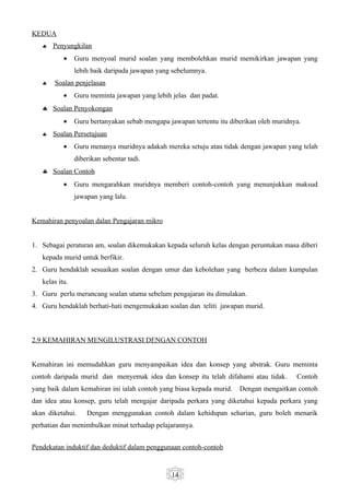 KEDUA
   ♣   Penyungkilan
           •    Guru menyoal murid soalan yang membolehkan murid memikirkan jawapan yang
                lebih baik daripada jawapan yang sebelumnya.
   ♣   Soalan penjelasan
           •    Guru meminta jawapan yang lebih jelas dan padat.
   ♣ Soalan Penyokongan
           •    Guru bertanyakan sebab mengapa jawapan tertentu itu diberikan oleh muridnya.
   ♣   Soalan Persetujuan
           •    Guru menanya muridnya adakah mereka setuju atau tidak dengan jawapan yang telah
                diberikan sebentar tadi.
   ♣ Soalan Contoh
           •    Guru mengarahkan muridnya memberi contoh-contoh yang menunjukkan maksud
                jawapan yang lalu.


Kemahiran penyoalan dalan Pengajaran mikro


1. Sebagai peraturan am, soalan dikemukakan kepada seluruh kelas dengan peruntukan masa diberi
   kepada murid untuk berfikir.
2. Guru hendaklah sesuaikan soalan dengan umur dan kebolehan yang berbeza dalam kumpulan
   kelas itu.
3. Guru perlu merancang soalan utama sebelum pengajaran itu dimulakan.
4. Guru hendaklah berhati-hati mengemukakan soalan dan teliti jawapan murid.



2.9 KEMAHIRAN MENGILUSTRASI DENGAN CONTOH


Kemahiran ini memudahkan guru menyampaikan idea dan konsep yang abstrak. Guru meminta
contoh daripada murid dan menyemak idea dan konsep itu telah difahami atau tidak.         Contoh
yang baik dalam kemahiran ini ialah contoh yang biasa kepada murid.    Dengan mengaitkan contoh
dan idea atau konsep, guru telah mengajar daripada perkara yang diketahui kepada perkara yang
akan diketahui.     Dengan menggunakan contoh dalam kehidupan seharian, guru boleh menarik
perhatian dan menimbulkan minat terhadap pelajarannya.


Pendekatan induktif dan deduktif dalam penggunaan contoh-contoh


                                                14
 