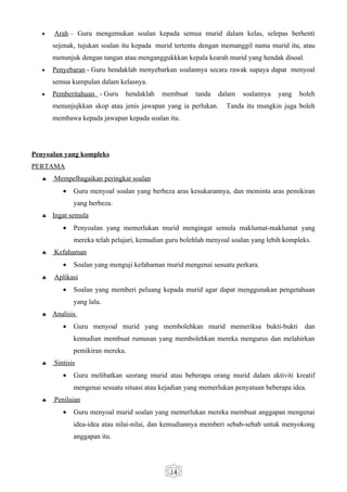 •   Arah – Guru mengemukan soalan kepada semua murid dalam kelas, selepas berhenti
       sejenak, tujukan soalan itu kepada murid tertentu dengan memanggil nama murid itu, atau
       menunjuk dengan tangan atau menganggukkkan kepala kearah murid yang hendak disoal.
   •   Penyebaran - Guru hendaklah menyebarkan soalannya secara rawak supaya dapat menyoal
       semua kumpulan dalam kelasnya.
   •   Pemberitahuan - Guru    hendaklah    membuat    tanda   dalam   soalannya   yang    boleh
       menunjujkkan skop atau jenis jawapan yang ia perlukan.     Tanda itu mungkin juga boleh
       membawa kepada jawapan kepada soalan itu.




Penyoalan yang kompleks
PERTAMA
   ♣   Mempelbagaikan peringkat soalan
          •   Guru menyoal soalan yang berbeza aras kesukarannya, dan meminta aras pemikiran
              yang berbeza.
   ♣   Ingat semula
          •   Penyoalan yang memerlukan murid mengingat semula maklumat-maklumat yang
              mereka telah pelajari, kemudian guru bolehlah menyoal soalan yang lebih kompleks.
   ♣   Kefahaman
          •   Soalan yang menguji kefahaman murid mengenai sesuatu perkara.
   ♣   Aplikasi
          •   Soalan yang memberi peluang kepada murid agar dapat menggunakan pengetahuan
              yang lalu.
   ♣   Analisis
          •   Guru menyoal murid yang membolehkan murid memeriksa bukti-bukti               dan
              kemudian membuat rumusan yang membolehkan mereka mengurus dan melahirkan
              pemikiran mereka.
   ♣   Sintisis
          •   Guru melibatkan seorang murid atau beberapa orang murid dalam aktiviti kreatif
              mengenai sesuatu situasi atau kejadian yang memerlukan penyatuan beberapa idea.
   ♣   Penilaian
          •   Guru menyoal murid soalan yang memerlukan mereka membuat anggapan mengenai
              idea-idea atau nilai-nilai, dan kemudiannya memberi sebab-sebab untuk menyokong
              anggapan itu.




                                              14
 