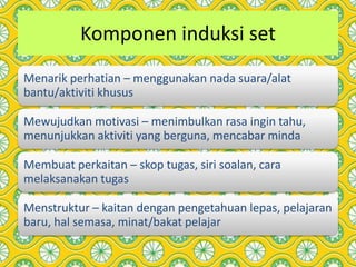 Komponen induksi set
Menarik perhatian – menggunakan nada suara/alat
bantu/aktiviti khusus
Mewujudkan motivasi – menimbulkan rasa ingin tahu,
menunjukkan aktiviti yang berguna, mencabar minda
Membuat perkaitan – skop tugas, siri soalan, cara
melaksanakan tugas
Menstruktur – kaitan dengan pengetahuan lepas, pelajaran
baru, hal semasa, minat/bakat pelajar
 