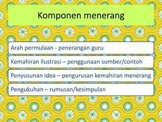 Komponen menerang
Arah permulaan - penerangan guru
Kemahiran ilustrasi – penggunaan sumber/contoh
Penyusunan idea – pengurusan kemahiran menerang
Pengukuhan – rumusan/kesimpulan
 