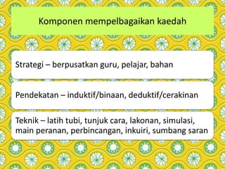 Komponen mempelbagaikan kaedah
Strategi – berpusatkan guru, pelajar, bahan
Pendekatan – induktif/binaan, deduktif/cerakinan
Teknik – latih tubi, tunjuk cara, lakonan, simulasi,
main peranan, perbincangan, inkuiri, sumbang saran
 