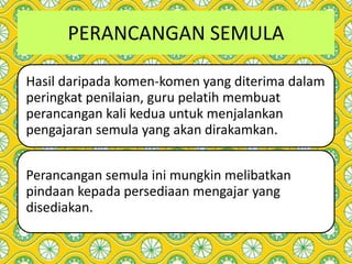 PERANCANGAN SEMULA
Hasil daripada komen-komen yang diterima dalam
peringkat penilaian, guru pelatih membuat
perancangan kali kedua untuk menjalankan
pengajaran semula yang akan dirakamkan.
Perancangan semula ini mungkin melibatkan
pindaan kepada persediaan mengajar yang
disediakan.
 