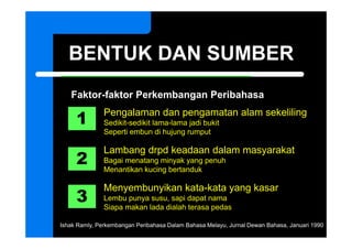 BENTUK DAN SUMBER
   Faktor faktor
   Faktor-faktor Perkembangan Peribahasa

     1
               Pengalaman dan pengamatan alam sekeliling
               Sedikit sedikit lama lama
               Sedikit-sedikit lama-lama jadi bukit
               Seperti embun di hujung rumput


     2
               Lambang drpd keadaan dalam masyarakat
               Bagai menatang minyak yang penuh
               Menantikan kucing bertanduk


     3
               Menyembunyikan kata-kata yang kasar
               Lembu punya susu, sapi dapat nama
               Siapa makan lada dialah terasa pedas

Ishak Ramly, Perkembangan Peribahasa Dalam Bahasa Melayu, Jurnal Dewan Bahasa, Januari 1990
 