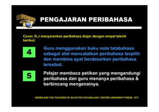 PENGAJARAN PERIBAHASA

Cover, D.J menyarankan peribahasa diajar dengan empat teknik
berikut:


  4
            Guru menggunakan buku nota tatabahasa
            sebagai alat mencatatkan peribahasa terpilih
                 g                   p             p
            dan membina ayat berdasarkan peribahasa
            tersebut.

  5
            Pelajar membaca petikan yang mengandungi
            peribahasa dan guru menanya peribahasa &
            berbincang mengenainya.

      IDIOMS AND THE TEACHING OF AN ACTIVE VOCABULARY. OXFORD UNIVERSITY PRESS, 1971
 