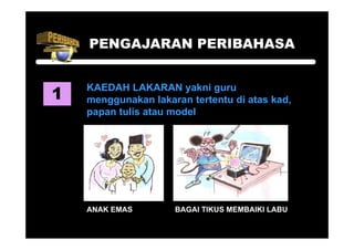 PENGAJARAN PERIBAHASA


1
    KAEDAH LAKARAN yakni guru
    menggunakan l k
               k lakaran t t t di atas k d
                           tertentu t kad,
    papan tulis atau model




    ANAK EMAS       BAGAI TIKUS MEMBAIKI LABU
 