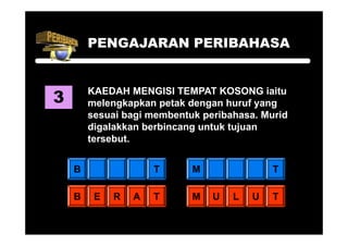 PENGAJARAN PERIBAHASA



3
        KAEDAH MENGISI TEMPAT KOSONG iaitu
        melengkapkan petak dengan huruf yang
        sesuai bagi membentuk peribahasa. Murid
        digalakkan berbincang untuk tujuan
        tersebut.


    B                T      M               T

    B    E   R   A   T      M   U   L   U   T
 