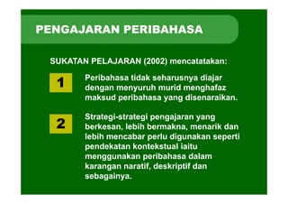 PENGAJARAN PERIBAHASA

 SUKATAN PELAJARAN (2002) mencatatakan:

  1     Peribahasa tidak seharusnya diajar
        dengan menyuruh murid menghafaz
        maksud peribahasa yang disenaraikan.


  2
        Strategi-strategi pengajaran yang
        berkesan,
        berkesan lebih bermakna, menarik dan
                         bermakna
        lebih mencabar perlu digunakan seperti
        pendekatan kontekstual iaitu
        menggunakan peribahasa dalam
        karangan naratif, deskriptif dan
        sebagainya.
 