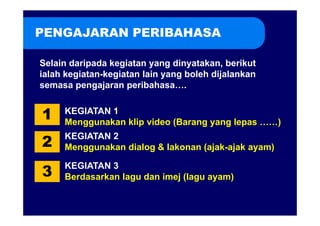 PENGAJARAN PERIBAHASA

Selain daripada kegiatan yang dinyatakan berikut
                               dinyatakan,
ialah kegiatan-kegiatan lain yang boleh dijalankan
semasa pengajaran peribahasa….


1    KEGIATAN 1
     Menggunakan klip video (Barang yang lepas ……)

2
     KEGIATAN 2
     Menggunakan dialog & lakonan (ajak-ajak ayam)

3
     KEGIATAN 3
     Berdasarkan lagu dan imej (lagu ayam)
 