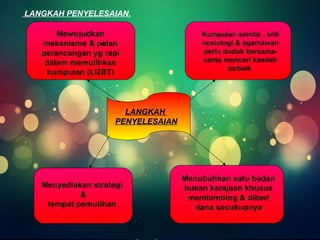 LANGKAH 
PENYELESAIAN 
Mewujudkan 
mekanisme & pelan 
perancangan yg rapi 
dalam memulihkan 
kumpulan (LGBT) 
Kumpulan saintis , ahli 
sosiologi & agamawan 
perlu duduk bersama-sama 
mencari kaedah 
terbaik 
Menyediakan strategi 
& 
tempat pemulihan 
Menubuhkan satu badan 
bukan kerajaan khusus 
membimbing & diberi 
dana secukupnya 
LANGKAH PENYELESAIAN. 
 