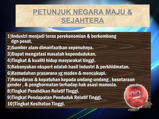 PETUNJUK NEGARA MAJU & 
SEJAHTERA 
1)Industri menjadi teras perekonomian & berkembang 
dgn pesat. 
2)Sumber alam dimanfaatkan sepenuhnya. 
3)Dapat mengatasi masalah kependudukan. 
4)Tingkat & kualiti hidup masyarakat tinggi. 
5)Kebanyakan eksport adalah hasil industri & perkhidmatan. 
6)Kemudahan prasarana yg moden & mencukupi. 
7)Kesedaran & kepatuhan kepada undang-undang , kesetaraan 
gender , & penghormatan terhadap hak asasi manusia. 
8)Tingkat Pendidikan Relatif Tinggi. 
9)Tingkat Pendapatan Penduduk Relatif Tinggi. 
10)Tingkat Kesihatan Tinggi. 
 