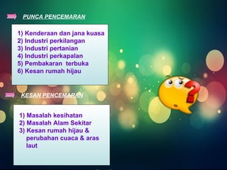 PUNCA PENCEMARAN 
1) Kenderaan dan jana kuasa 
2) Industri perkilangan 
3) Industri pertanian 
4) Industri perkapalan 
5) Pembakaran terbuka 
6) Kesan rumah hijau 
KESAN PENCEMARAN 
1) Masalah kesihatan 
2) Masalah Alam Sekitar 
3) Kesan rumah hijau & 
perubahan cuaca & aras 
laut 
 