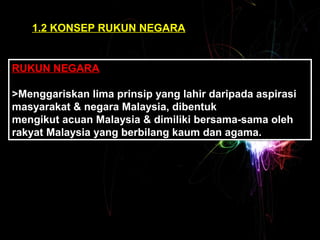 1.2 KONSEP RUKUN NEGARA 
RUKUN NEGARA 
>Menggariskan lima prinsip yang lahir daripada aspirasi 
masyarakat & negara Malaysia, dibentuk 
mengikut acuan Malaysia & dimiliki bersama-sama oleh 
rakyat Malaysia yang berbilang kaum dan agama. 
RUKUN NEGARA 
>Menggariskan lima prinsip yang lahir daripada aspirasi 
masyarakat & negara Malaysia, dibentuk 
mengikut acuan Malaysia & dimiliki bersama-sama oleh 
rakyat Malaysia yang berbilang kaum dan agama. 
 