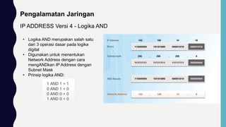 Pengalamatan Jaringan
IP ADDRESS Versi 4 - Logika AND
• Logika AND merupakan salah satu
dari 3 operasi dasar pada logika
digital
• Digunakan untuk menentukan
Network Address dengan cara
mengANDkan IP Address dengan
Subnet Mask
• Prinsip logika AND:
 