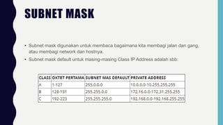 SUBNET MASK
• Subnet mask digunakan untuk membaca bagaimana kita membagi jalan dan gang,
atau membagi network dan hostnya.
• Subnet mask default untuk masing-masing Class IP Address adalah sbb:
 