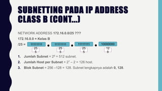 SUBNETTING PADA IP ADDRESS
CLASS B (CONT...)
NETWORK ADDRESS 172.16.0.0/25 ???
172.16.0.0 = Kelas B
/25 = 11111111 11111111 11111111 10000000
25
5
25
5
25
5
12
8
1. Jumlah Subnet = 29 = 512 subnet.
2. Jumlah Host per Subnet = 27 – 2 = 126 host.
3. Blok Subnet = 256 –128 = 128. Subnet lengkapnya adalah 0, 128.
 