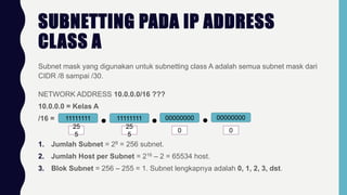 SUBNETTING PADA IP ADDRESS
CLASS A
Subnet mask yang digunakan untuk subnetting class A adalah semua subnet mask dari
CIDR /8 sampai /30.
NETWORK ADDRESS 10.0.0.0/16 ???
10.0.0.0 = Kelas A
/16 = 11111111 11111111 00000000 00000000
25
5
25
5
0 0
1. Jumlah Subnet = 28 = 256 subnet.
2. Jumlah Host per Subnet = 216 – 2 = 65534 host.
3. Blok Subnet = 256 – 255 = 1. Subnet lengkapnya adalah 0, 1, 2, 3, dst.
 