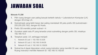 JAWABAN SOAL
Metode FLSM
1. Pilih ruang dengan user paling banyak terlebih dahulu = Laboratorium Komputer (LK)
dengan 38 di tiap LK.
2. Subnetmask yang lebih besar dan paling mendekati 38 yaitu prefix /26 (subnetmask :
255.255.255.192), dengan 62 Hosts.
3. Prefix /26 memiliki jumlah subnet = 4
4. Gunakan salah satu IP yang tersedia untuk subnetting dengan prefix /26, misalnya
192.168.10.0
5. Terapkan pada LK, sehingga menjadi:
1. Network ID Lab 1: 192.168.10.0/26
2. Network ID Lab 2: 192.168.10.64/26
3. Network ID Lab 3: 192.168.10.128/26
6. Subnet ke-4 dapat digunakan untuk ruang instruktur yang memiliki 32 user, sehingga
Ruang Instruktur memiliki Network ID: 192.168.10.192/26
 
