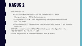 • BPPTIK terdiri dari :
– Ruang Instruktur  40 Unit PC, 40 Unit Wireless device, 3 printer
– Ruang serbaguna  100 Unit wireless device
– Ruang kelas SKKNI  3 kelas dengan masing-masing kelas terdapat 17 unit
dan 1 unit printer
– Ruang kelas ASN  2 kelas dengan masing-masing kelas terdapat 17 unit komputer,
unit printer.
• BPPTIK mendapatkan alokasi IP dari Administrator pusat untuk digunakan, yaitu
192.168.100.0/24 dan 192.168.101.0/24.
• Aturlah pengalamatan IP dalam bentuk tabel di BPPTIK tersebut
KASUS 2
 
