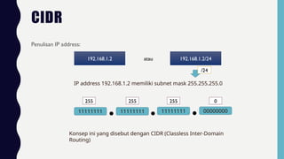 CIDR
Penulisan IP address:
192.168.1.2 atau 192.168.1.2/24
IP address 192.168.1.2 memiliki subnet mask 255.255.255.0
/24
11111111 11111111 11111111 00000000
255 255 255 0
Konsep ini yang disebut dengan CIDR (Classless Inter-Domain
Routing)
 