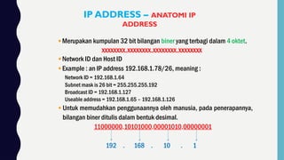 IP ADDRESS – ANATOMI IP
ADDRESS
▪ Merupakan kumpulan 32 bit bilangan biner yang terbagi dalam 4 oktet.
xxxxxxxx.xxxxxxxx.xxxxxxxx.xxxxxxxx
▪ Untuk memudahkan penggunaannya oleh manusia, pada penerapannya,
bilangan biner ditulis dalam bentuk desimal.
11000000.10101000.00001010.00000001
192 . 168 . 10 . 1
▪ Network ID dan Host ID
▪ Example : an IP address 192.168.1.78/26, meaning :
Network ID = 192.168.1.64
Subnet mask is 26 bit = 255.255.255.192
Broadcast ID = 192.168.1.127
Useable address = 192.168.1.65 – 192.168.1.126
 