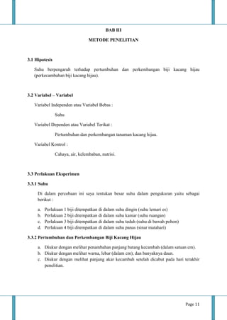 Page 11
BAB III
METODE PENELITIAN
3.1 Hipotesis
Suhu berpengaruh terhadap pertumbuhan dan perkembangan biji kacang hijau
(perkecambahan biji kacang hijau).
3.2 Variabel – Variabel
Variabel Independen atau Variabel Bebas :
Suhu
Variabel Dependen atau Variabel Terikat :
Pertumbuhan dan perkembangan tanaman kacang hijau.
Variabel Kontrol :
Cahaya, air, kelembaban, nutrisi.
3.3 Perlakuan Eksperimen
3.3.1 Suhu
Di dalam percobaan ini saya tentukan besar suhu dalam pengukuran yaitu sebagai
berikut :
a. Perlakuan 1 biji ditempatkan di dalam suhu dingin (suhu lemari es)
b. Perlakuan 2 biji ditempatkan di dalam suhu kamar (suhu ruangan)
c. Perlakuan 3 biji ditempatkan di dalam suhu teduh (suhu di bawah pohon)
d. Perlakuan 4 biji ditempatkan di dalam suhu panas (sinar matahari)
3.3.2 Pertumbuhan dan Perkembangan Biji Kacang Hijau
a. Diukur dengan melihat penambahan panjang batang kecambah (dalam satuan cm).
b. Diukur dengan melihat warna, lebar (dalam cm), dan banyaknya daun.
c. Diukur dengan melihat panjang akar kecambah setelah dicabut pada hari terakhir
penelitian.
 