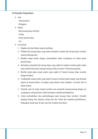 Page 12
3.4 Prosedur Eksperimen
 Alat
~Thermometer
~Penggaris
 Bahan
~Biji kacang hijau (40 biji)
~Tanah
~Gelas plastik bekas
~Air
 Cara Kerja
1. Siapkan alat dan bahan yang di perlukan.
2. Pilihlah biji kacang hijau yang sehat kemudian rendam biji kacang hijau tersebut
selama beberapa jam.
3. Buatlah empat media dengan memasukkan tanah secukupnya ke dalam gelas
plastik bekas.
4. Kemudian tanamlah biji kacang hijau yang sudah di rendam tersebut pada media
yang sudah di buat dan masing-masing media di tanam 10 biji kacang hijau.
5. Berilah tanda pada setiap media yang sudah di Tanami kacang hijau tersebut
dengan bendera.
6. Letakkanlah setiap media yang telah di tanami tersebut pada tempat yang berbeda
seperti di bawah pohon, di tempat yang terkena sinar matahari, di kamar dan di
dalam kulkas.
7. Ukurlah suhu di setiap tempat tersebut serta siramlah masing-masing dengan air
secukupnya setiap dua hari sekali kemudian catatlah perubahannya.
8. Amati pertumbuhan dan perkembangan pada kacang hijau tersebut. Ukurlah
panjang batang dan daunnya setiap dua hari sekali dan catatlah perubahannya.
Sedangkan untuk akar di ukur saat hari terakhir percobaan.
 