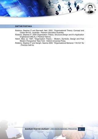 BAHRUR ROSYIDI DURAISY | DECISION MAKING PROCESS 11
DAFTAR PUSTAKA
Robbins, Stephen P and Barnwell, Neil. 2002. “Organisational Theory: Concept and
Cases 4th Ed”, Australia : Pearson education Australia.
Robbins, Stephen P. 2004 Organisation Theory: Structure,Design and It’s Application
Englewood Cliffs,N.J: Prentice Hall,Inc.
Hatch, Mary Jo. 1997. “Organisation Theory : Modern, Symbolic, Design and Post
Modern Perspective” New York : Oxford University Press.
Robbins, Stephen P and Sanghi, Seema 2005. “Organisational Behavior 11th Ed” NJ
: Prentice Hall Inc
 