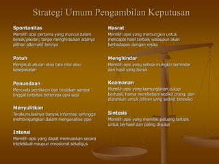 Strategi Umum Pengambilan Keputusan
Spontanitas
Memilih opsi pertama yang muncul dalam
benak/pikiran; tanpa menghiraukan adanya
pilihan alternatif lainnya
Patuh
Mengikuti aturan atau tata nilai atau
kesepakatan
Penundaan
Menunda pemikiran dan tindakan sampai
tinggal terbatas beberapa opsi saja
Menyulitkan
Terakumulasinya banyak informasi sehingga
membingungkan dalam menganalisis opsi
Intensi
Memilih opsi yang dapat memuaskan secara
intelektual maupun emosional sekaligus
Hasrat
Memilih opsi yang memungkin untuk
mencapai hasil terbaik walaupun akan
berhadapan dengan resiko
Menghindar
Memilih opsi yang sebisa mungkin terhindar
dari hasil yang buruk
Keamanan
Memilih opsi yang kemungkinan cukup
berhasil, hanya membebani sedikit orang, dan
diarahkan untuk pilihan yang sedikit beresiko
Sintesis
Memilih opsi yang memiliki peluang terbaik
untuk berhasil dan paling disukai
 