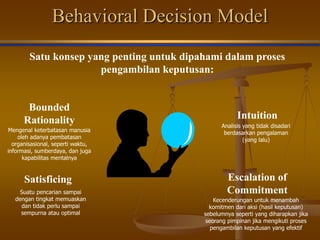 Behavioral Decision Model
Satu konsep yang penting untuk dipahami dalam proses
pengambilan keputusan:
Bounded
Rationality Intuition
Satisficing Escalation of
Commitment
Mengenal keterbatasan manusia
oleh adanya pembatasan
organisasional, seperti waktu,
informasi, sumberdaya, dan juga
kapabilitas mentalnya
Analisis yang tidak disadari
berdasarkan pengalaman
(yang lalu)
Suatu pencarian sampai
dengan tingkat memuaskan
dan tidak perlu sampai
sempurna atau optimal
Kecenderungan untuk menambah
komitmen dari aksi (hasil keputusan)
sebelumnya seperti yang diharapkan jika
seorang pimpinan jika mengikuti proses
pengambilan keputusan yang efektif
 