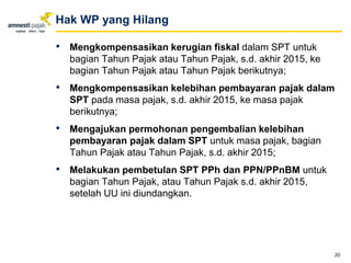 • Mengkompensasikan kerugian fiskal dalam SPT untuk
bagian Tahun Pajak atau Tahun Pajak, s.d. akhir 2015, ke
bagian Tahun Pajak atau Tahun Pajak berikutnya;
• Mengkompensasikan kelebihan pembayaran pajak dalam
SPT pada masa pajak, s.d. akhir 2015, ke masa pajak
berikutnya;
• Mengajukan permohonan pengembalian kelebihan
pembayaran pajak dalam SPT untuk masa pajak, bagian
Tahun Pajak atau Tahun Pajak, s.d. akhir 2015;
• Melakukan pembetulan SPT PPh dan PPN/PPnBM untuk
bagian Tahun Pajak, atau Tahun Pajak s.d. akhir 2015,
setelah UU ini diundangkan.
20
Hak WP yang Hilang
 