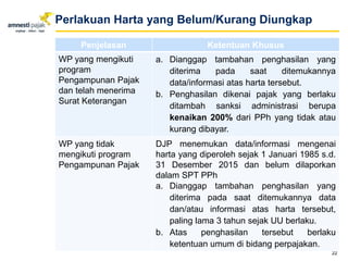 22
Perlakuan Harta yang Belum/Kurang Diungkap
Penjelasan Ketentuan Khusus
WP yang mengikuti
program
Pengampunan Pajak
dan telah menerima
Surat Keterangan
a. Dianggap tambahan penghasilan yang
diterima pada saat ditemukannya
data/informasi atas harta tersebut.
b. Penghasilan dikenai pajak yang berlaku
ditambah sanksi administrasi berupa
kenaikan 200% dari PPh yang tidak atau
kurang dibayar.
WP yang tidak
mengikuti program
Pengampunan Pajak
DJP menemukan data/informasi mengenai
harta yang diperoleh sejak 1 Januari 1985 s.d.
31 Desember 2015 dan belum dilaporkan
dalam SPT PPh
a. Dianggap tambahan penghasilan yang
diterima pada saat ditemukannya data
dan/atau informasi atas harta tersebut,
paling lama 3 tahun sejak UU berlaku.
b. Atas penghasilan tersebut berlaku
ketentuan umum di bidang perpajakan.
 