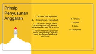 Prinsip
Penyusunan
Anggaran
1. Otorisasi oleh legislative
2. Komprehensif / menyeluruh
3. Keutuhan, artinya semua
penerimaan dan pengeluaran
tercakup dalam satu dana umum
4. Nondiscretionary apropriasi,
jumlah yang disetujui legislatif
harus termanfaatkan secara
ekonomis.
6. Periodik
7. Akurat
8. Jelas
9. Transparan
 