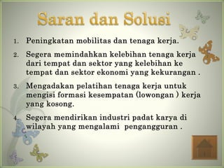 1. Peningkatan mobilitas dan tenaga kerja.
2. Segera memindahkan kelebihan tenaga kerja
dari tempat dan sektor yang kelebihan ke
tempat dan sektor ekonomi yang kekurangan .
3. Mengadakan pelatihan tenaga kerja untuk
mengisi formasi kesempatan (lowongan ) kerja
yang kosong.
4. Segera mendirikan industri padat karya di
wilayah yang mengalami pengangguran .
 
