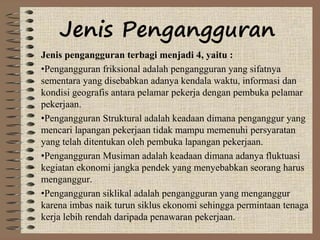 Jenis pengangguran terbagi menjadi 4, yaitu :
•Pengangguran friksional adalah pengangguran yang sifatnya
sementara yang disebabkan adanya kendala waktu, informasi dan
kondisi geografis antara pelamar pekerja dengan pembuka pelamar
pekerjaan.
•Pengangguran Struktural adalah keadaan dimana penganggur yang
mencari lapangan pekerjaan tidak mampu memenuhi persyaratan
yang telah ditentukan oleh pembuka lapangan pekerjaan.
•Pengangguran Musiman adalah keadaan dimana adanya fluktuasi
kegiatan ekonomi jangka pendek yang menyebabkan seorang harus
menganggur.
•Pengangguran siklikal adalah pengangguran yang menganggur
karena imbas naik turun siklus ekonomi sehingga permintaan tenaga
kerja lebih rendah daripada penawaran pekerjaan.
Jenis Pengangguran
 