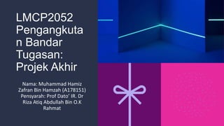 LMCP2052
Pengangkuta
n Bandar
Tugasan:
Projek Akhir
Nama: Muhammad Hamiz
Zafran Bin Hamzah (A178151)
Pensyarah: Prof Dato’ IR. Dr
Riza Atiq Abdullah Bin O.K
Rahmat
 