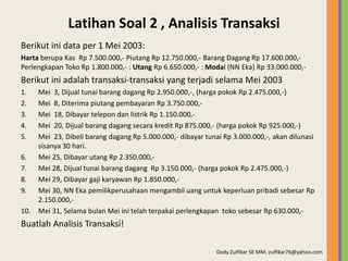 Latihan Soal 2 , Analisis Transaksi
Berikut ini data per 1 Mei 2003:
Harta berupa Kas Rp 7.500.000,- Piutang Rp 12.750.000,- Barang Dagang Rp 17.600.000,-
Perlengkapan Toko Rp 1.800.000,- : Utang Rp 6.650.000,- : Modal (NN Eka) Rp 33.000.000,-
Berikut ini adalah transaksi-transaksi yang terjadi selama Mei 2003
1.  Mei 3, Dijual tunai barang dagang Rp 2.950.000,-, (harga pokok Rp 2.475.000,-)
2.  Mei 8, Diterima piutang pembayaran Rp 3.750.000,-
3.  Mei 18, Dibayar telepon dan listrik Rp 1.150.000,-
4.  Mei 20, Dijual barang dagang secara kredit Rp 875.000,- (harga pokok Rp 925.000,-)
5.  Mei 23, Dibeli barang dagang Rp 5.000.000,- dibayar tunai Rp 3.000.000,-, akan dilunasi
    sisanya 30 hari.
6.  Mei 25, Dibayar utang Rp 2.350.000,-
7.  Mei 28, Dijual tunai barang dagang Rp 3.150.000,- (harga pokok Rp 2.475.000,-)
8.  Mei 29, Dibayar gaji karyawan Rp 1.850.000,-
9.  Mei 30, NN Eka pemilikperusahaan mengambil uang untuk keperluan pribadi sebesar Rp
    2.150.000,-
10. Mei 31, Selama bulan Mei ini telah terpakai perlengkapan toko sebesar Rp 630.000,-
Buatlah Analisis Transaksi!

                                                            Dody Zulfikar SE MM, zulfikar76@yahoo.com
 